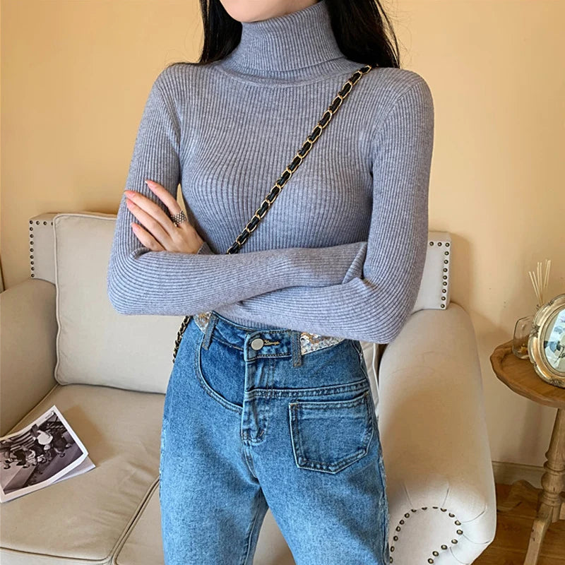 Women's Ribbed Foldover Turtleneck Knit Sweater