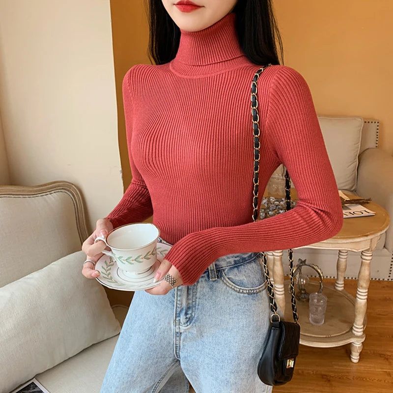 Women's Ribbed Foldover Turtleneck Knit Sweater