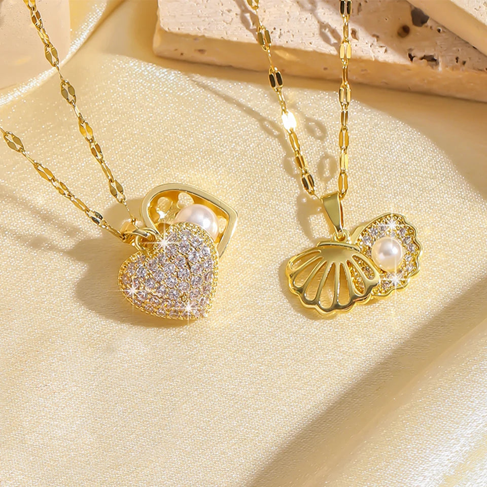 Golden Pearl Heart Necklace