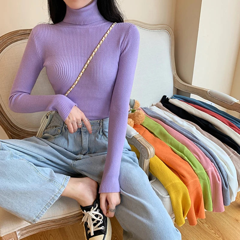 Women's Ribbed Foldover Turtleneck Knit Sweater